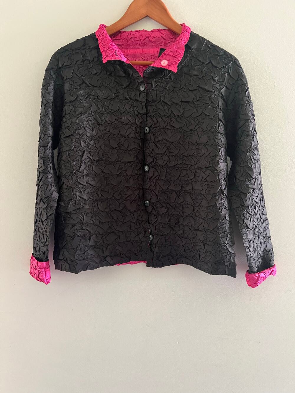 Vintage Reversible Crinkle Jacket Button Up Hot Pink Black Size Small JL